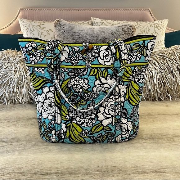 VERA BRADLEY Island Blooms Large Toggle Tote Y2K Blue Green Floral REPAIRED - Picture 1 of 16